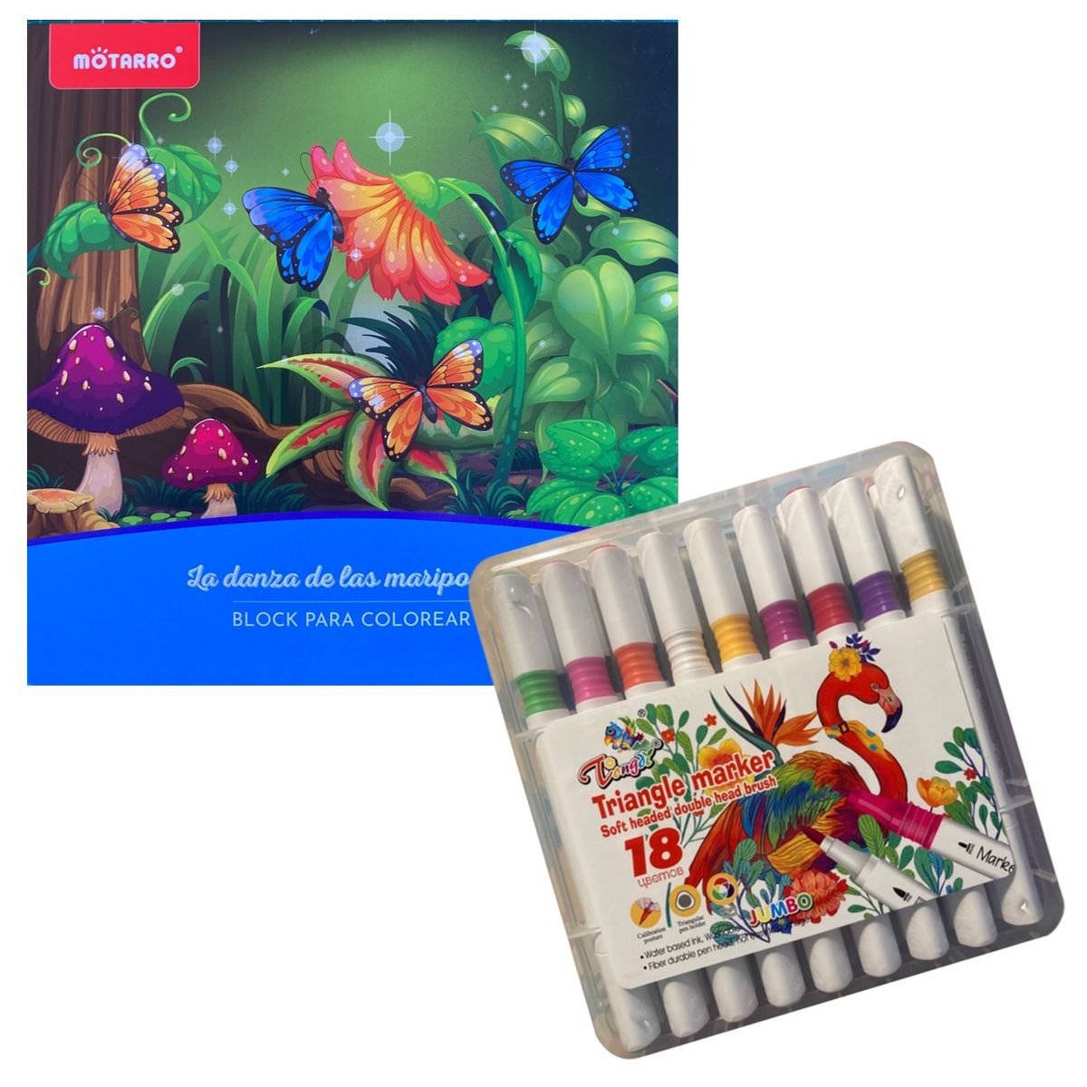 MOTARRO - Libro - Block para colorear - La danza de las mariposas + 18 marcadores doble punta