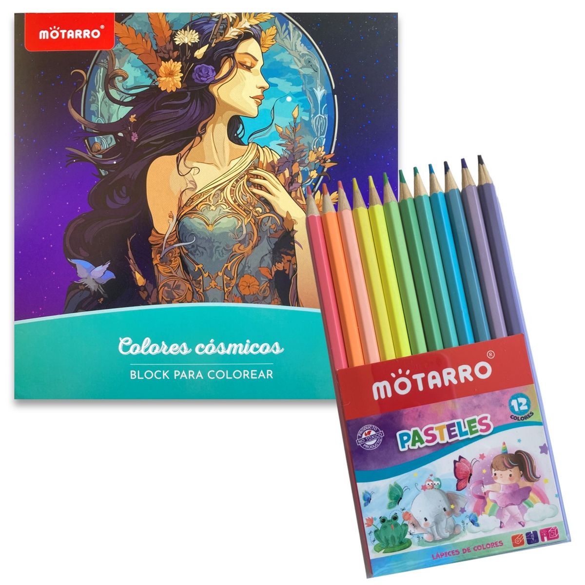 MOTARRO - Libro - Block para colorear - Colores cósmicos + 12 lápices de colores pastel