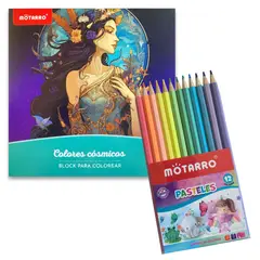 MOTARRO - Libro - Block para colorear - Colores cósmicos + 12 lápices de colores pastel