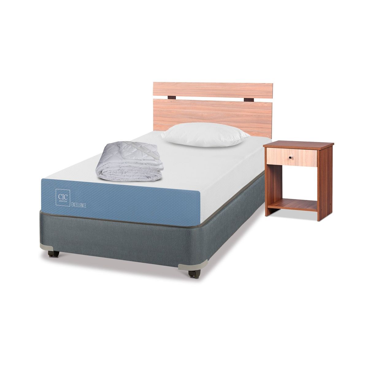 CIC - Cama Americana Excellence 1.5 Plazas x 1.90 mt  + Respaldo + 1 Velador + 1 Almohada + 1 plumón CIC