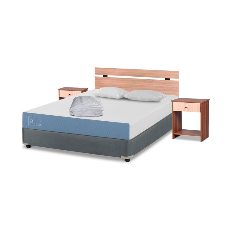 CIC Cama Americana Excellence 2 Plazas x 1.90 mt base normal + Respaldo + 2 Veladores + 2 almohadas + 1 plumón