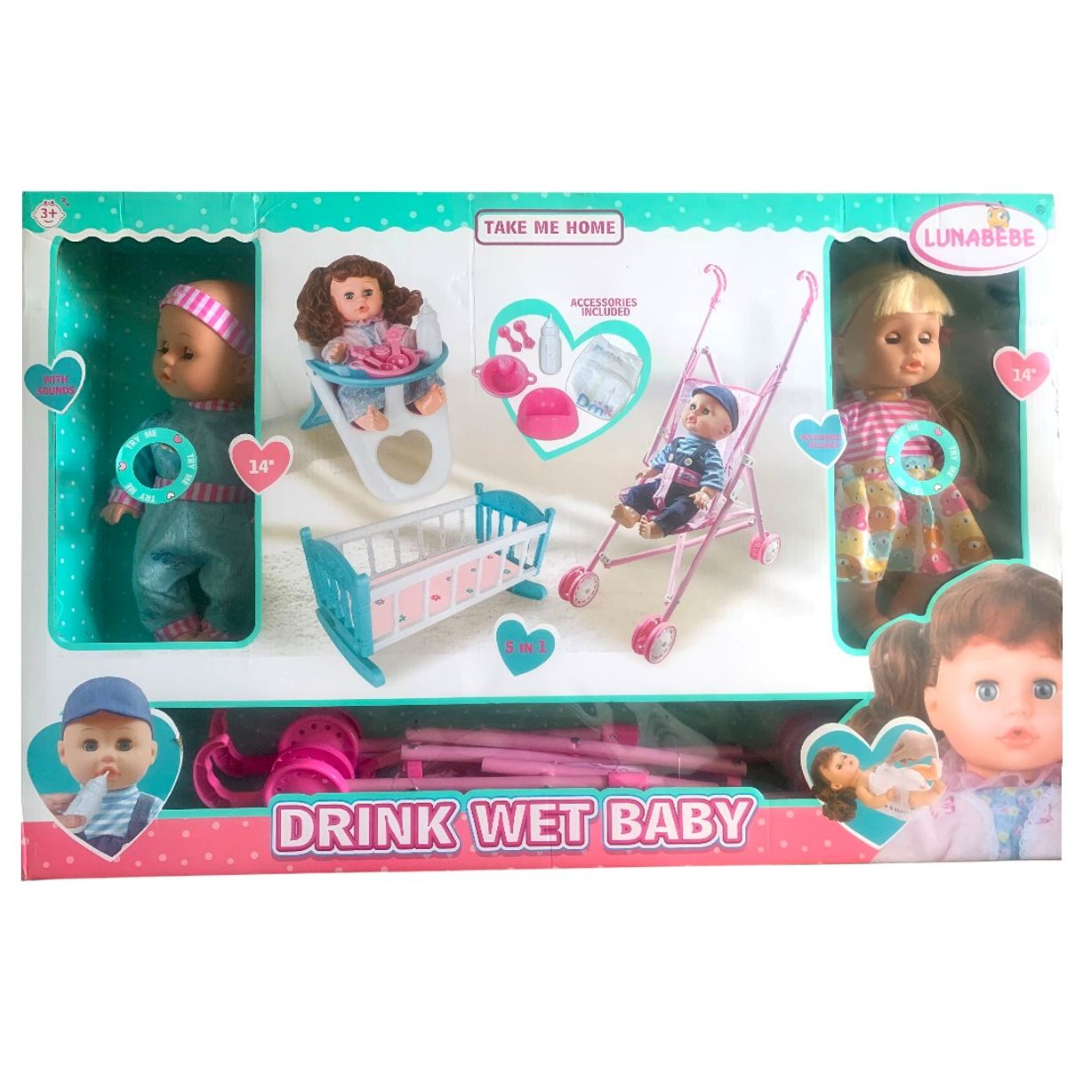 GENERICO - Set 2 Muñecas+coche+cuna+silla Comer+pañal+tetero+plato+pelela