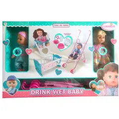 GENERICO - Set 2 Muñecas+coche+cuna+silla Comer+pañal+tetero+plato+pelela