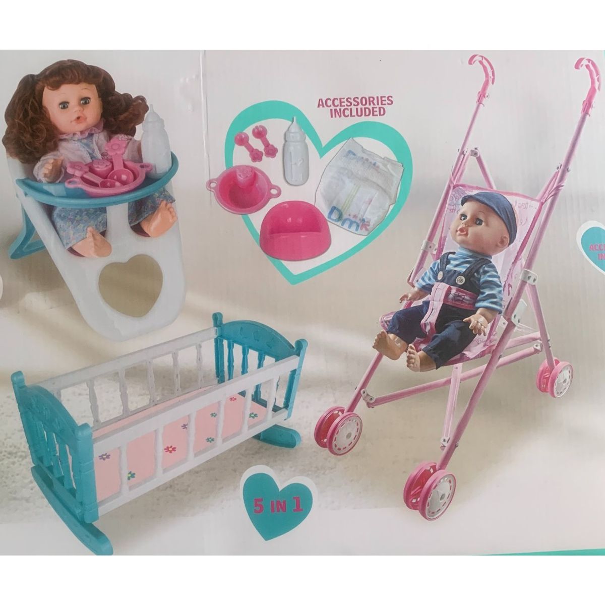 GENERICO - Set 2 Muñecas+coche+cuna+silla Comer+pañal+tetero+plato+pelela