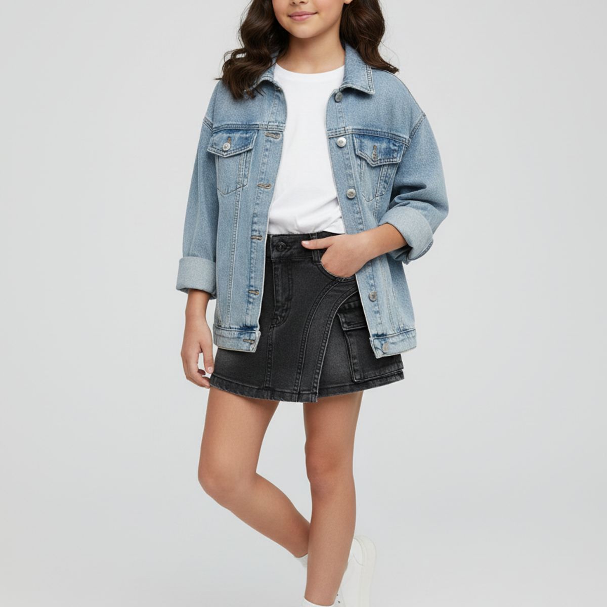 KIBOU - Falda Short Mezclilla Niña Cargo Juvenil Negro