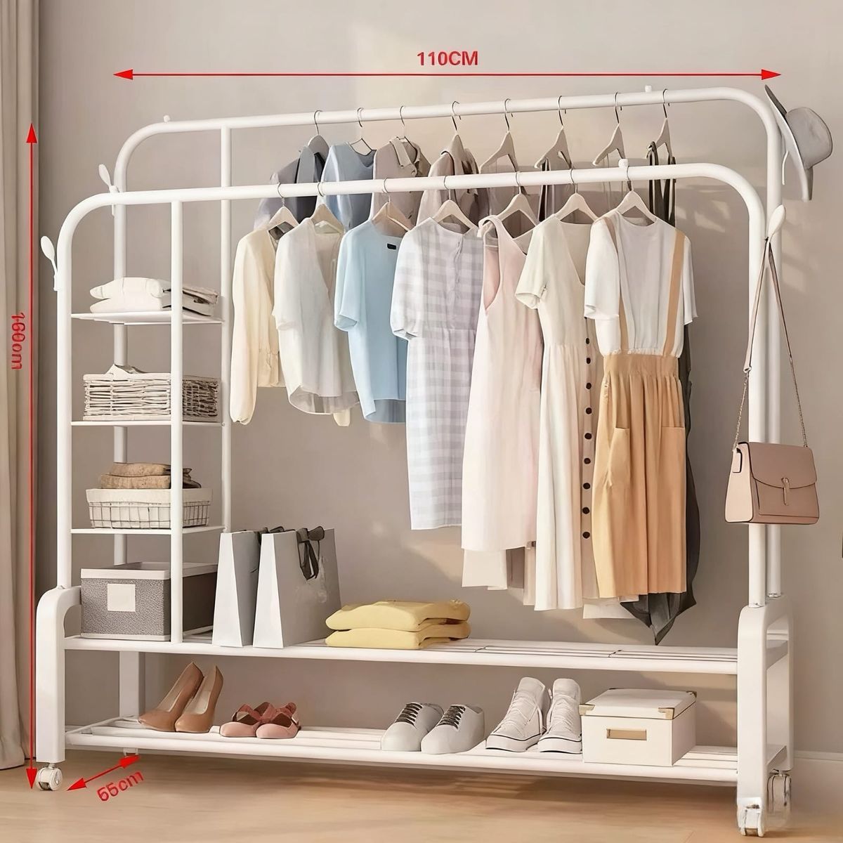 GENERICO - Perchero para ropa con Compartimiento y Ruedas - Moderno - Blanco