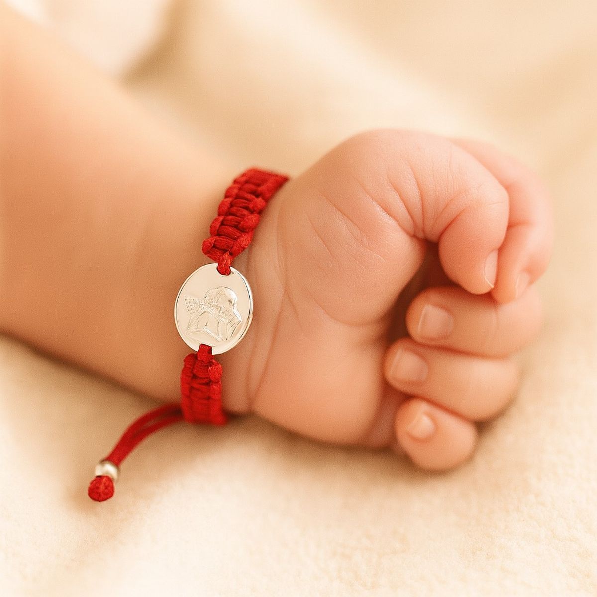 LK LUKSO - Pulsera Mini Baby Hilo Rojo Ajustable Ángel De La Guarda en Plata 925
