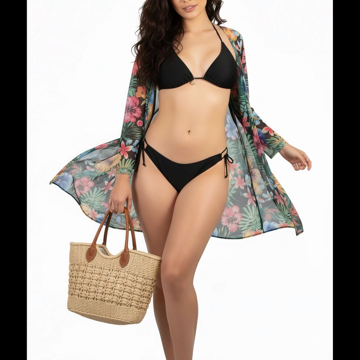 HIPSY SWIMWEAR - Kimono playa estampado Tropical Negro