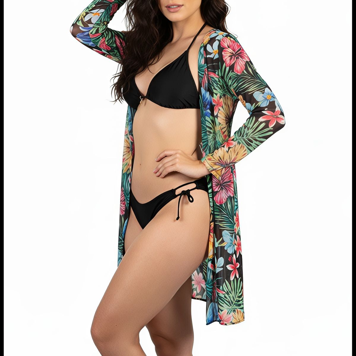 HIPSY SWIMWEAR - Kimono playa estampado Tropical Negro