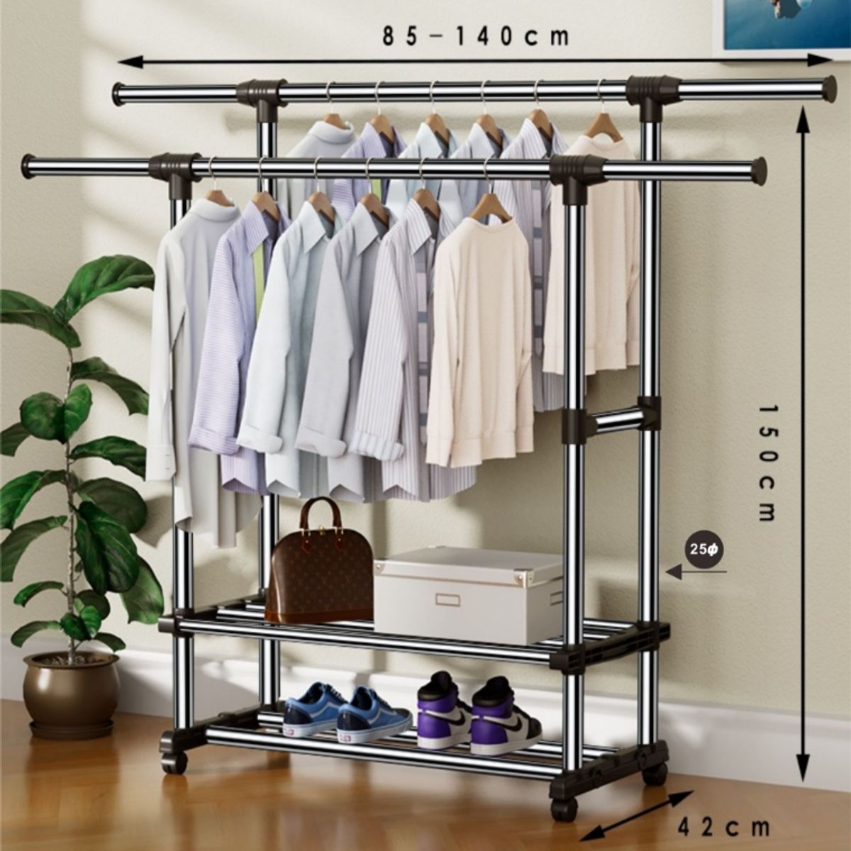 GENERICO - Perchero Organizador Metálico con Ruedas y Múltiples Niveles Ropero Moderno