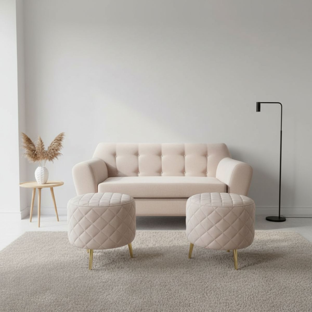 MUEBLES NEW - SOFA NEW DOS CUERPOS MAS DOS PUFF BEIGE FELPA
