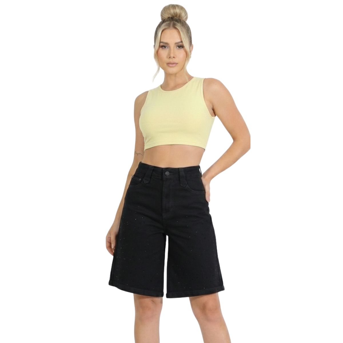 D'JOE - Short Jeans Wide Leg Con Brillos Mujer Tiro Alto Crystal