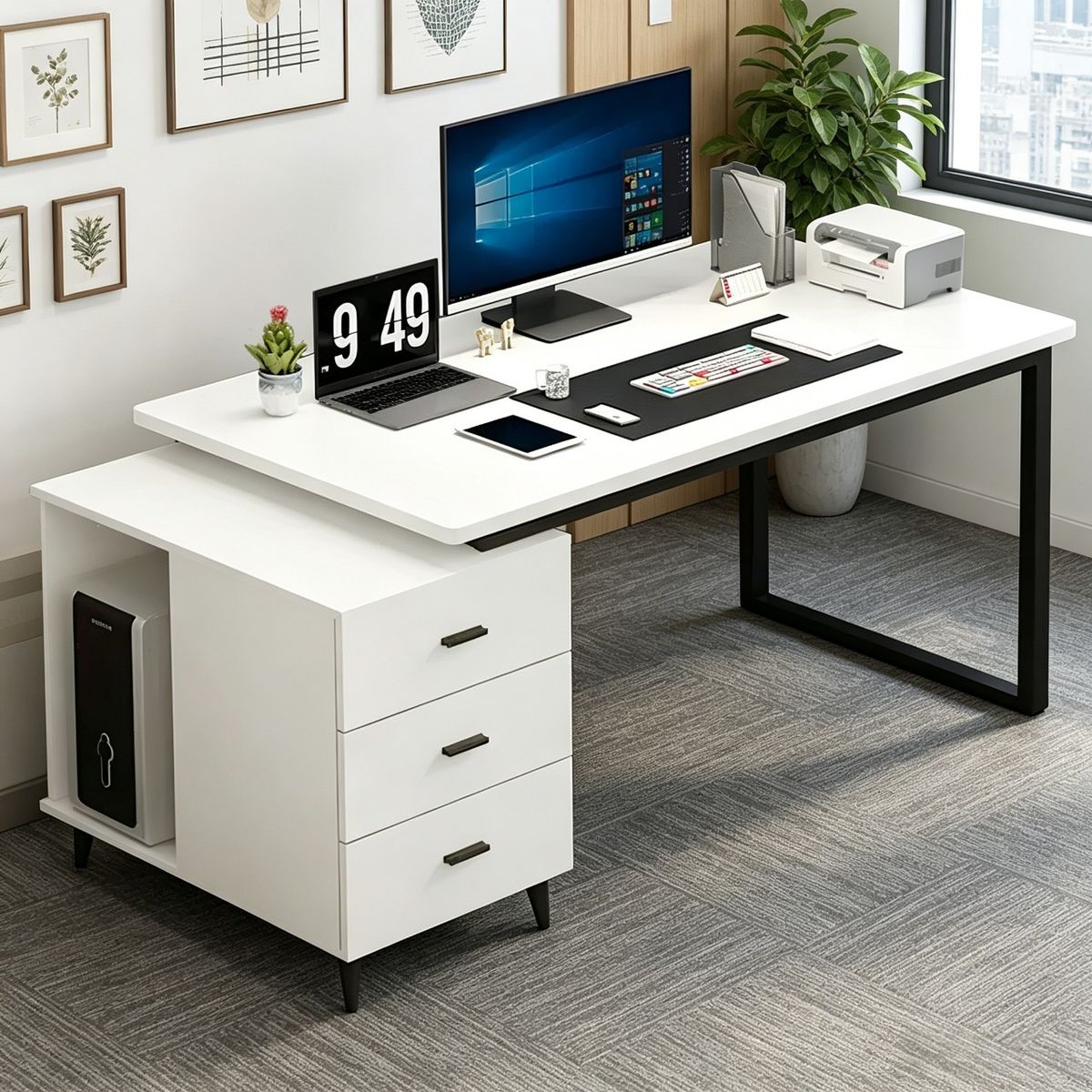 VIDITA - Escritorio Con Cajonera Móvil 120-140 Cm Pata Metálica Oficina