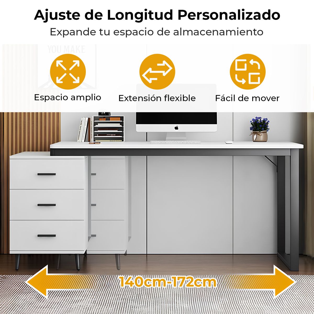 VIDITA - Escritorio Con Cajonera Móvil 120-140 Cm Pata Metálica Oficina