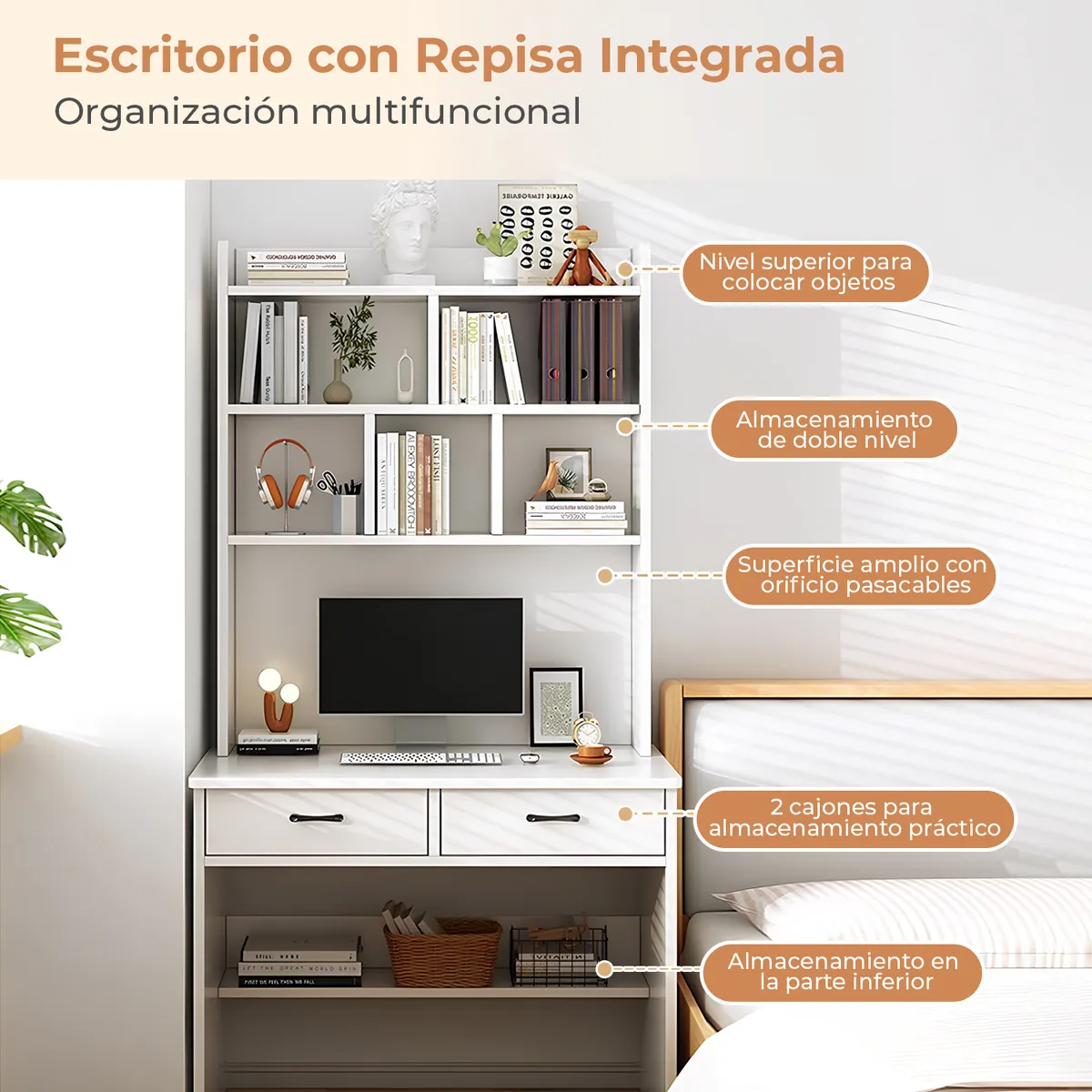 VIDITA - Escritorio Con Biblioteca Estanteria 80x180cm Cajón Oficina