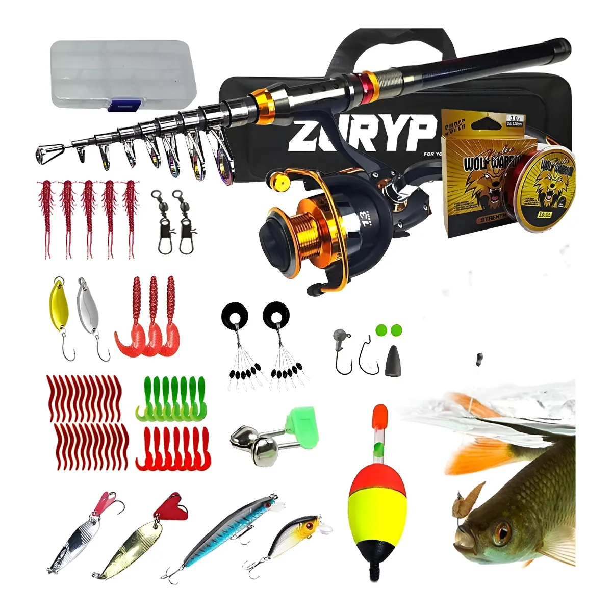 AFVENTURA - Kit Pesca Caña Carrete Señuelo Accesorio Bolsa Completo 24m