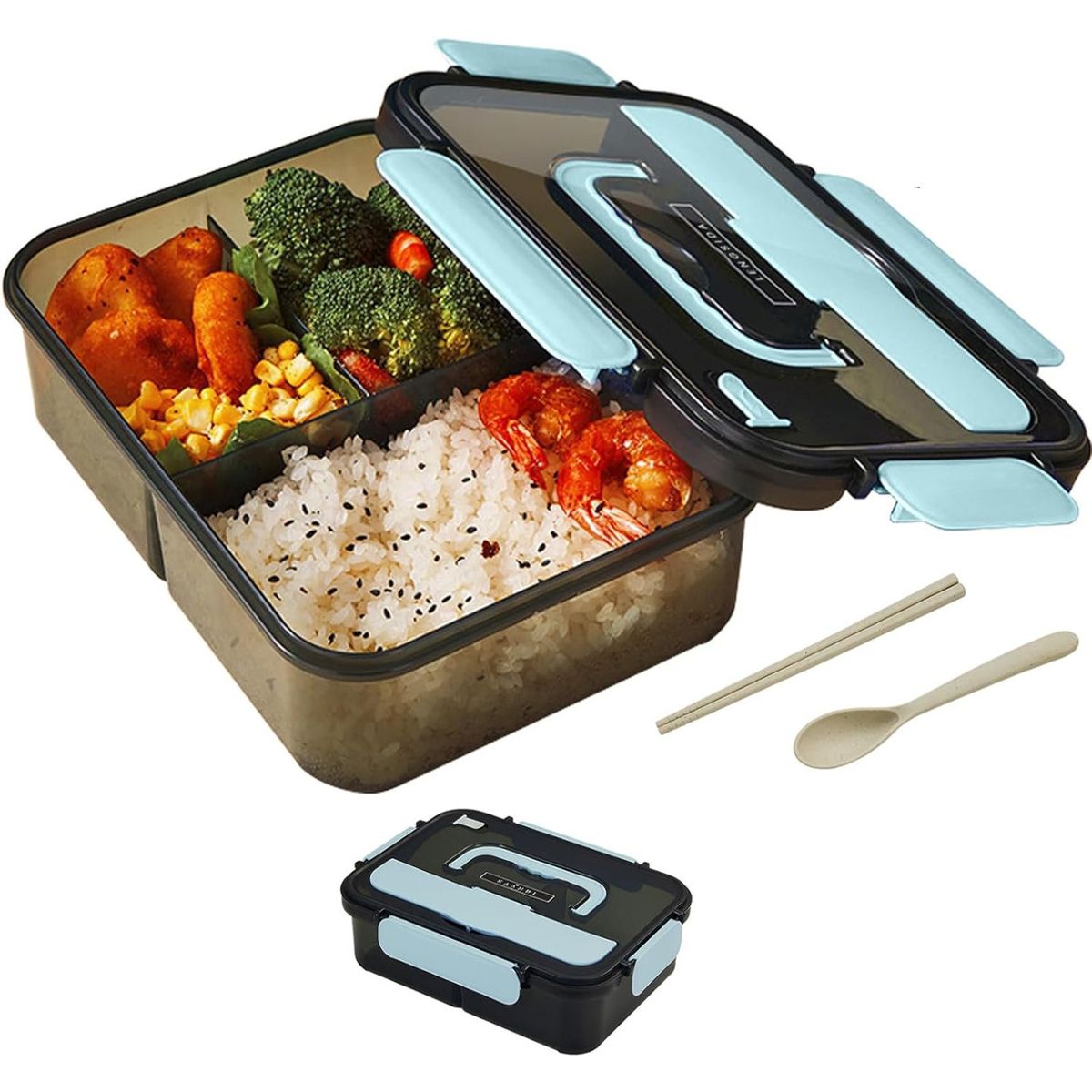 EINICIO - Gran 3 Compartimentos Lonchera De Almueo Con Cubiertos-Azul