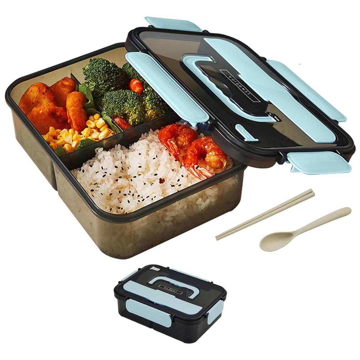 EINICIO - Gran 3 Compartimentos Lonchera De Almueo Con Cubiertos-Azul