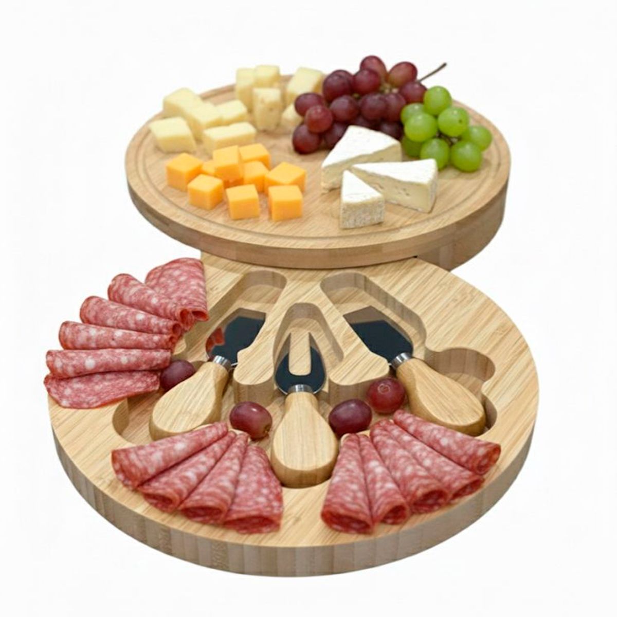 WAKESHOME - Tabla Redonda de Bambú para Quesos con 3 Herramientas de Acero Inoxidable