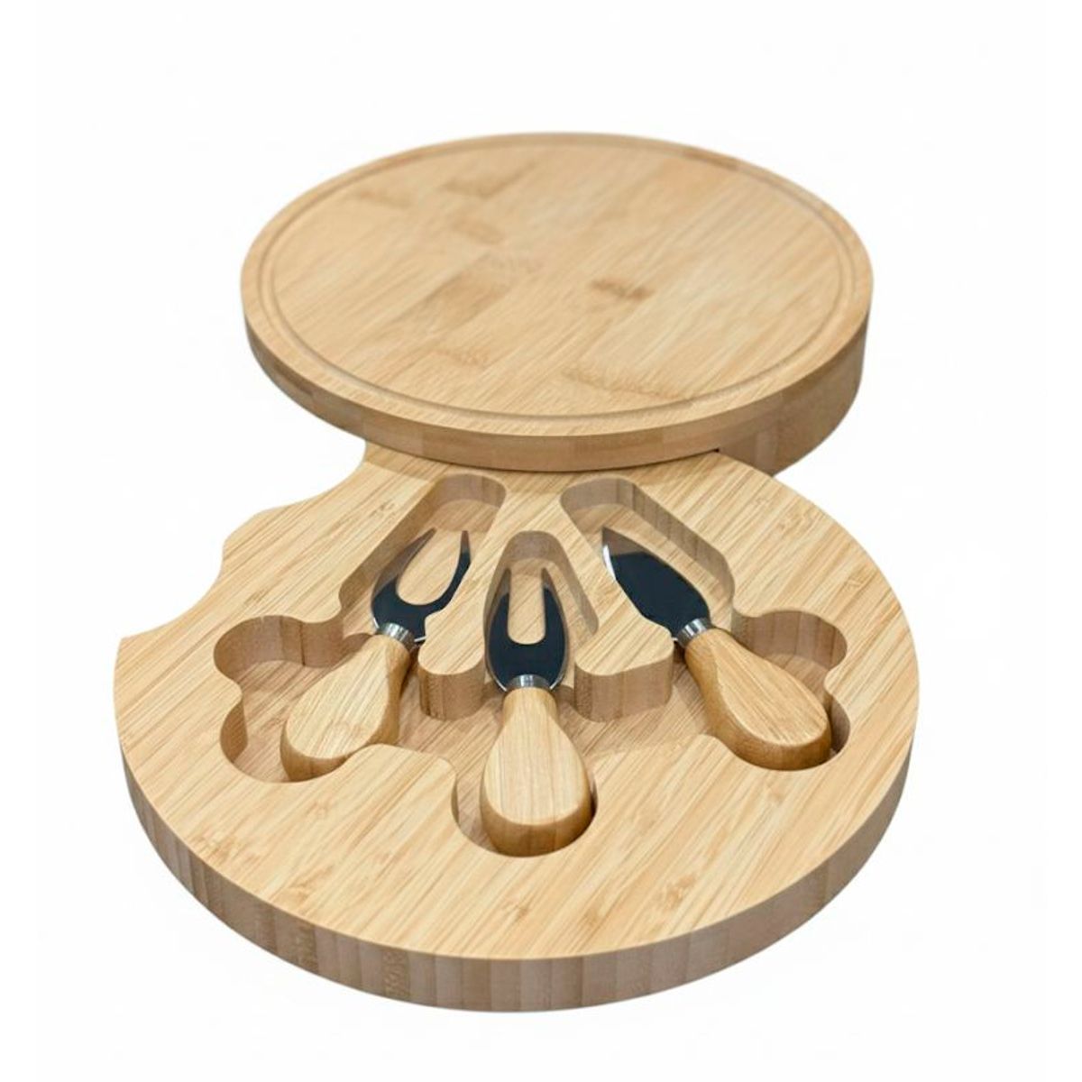 WAKESHOME - Tabla Redonda de Bambú para Quesos con 3 Herramientas de Acero Inoxidable