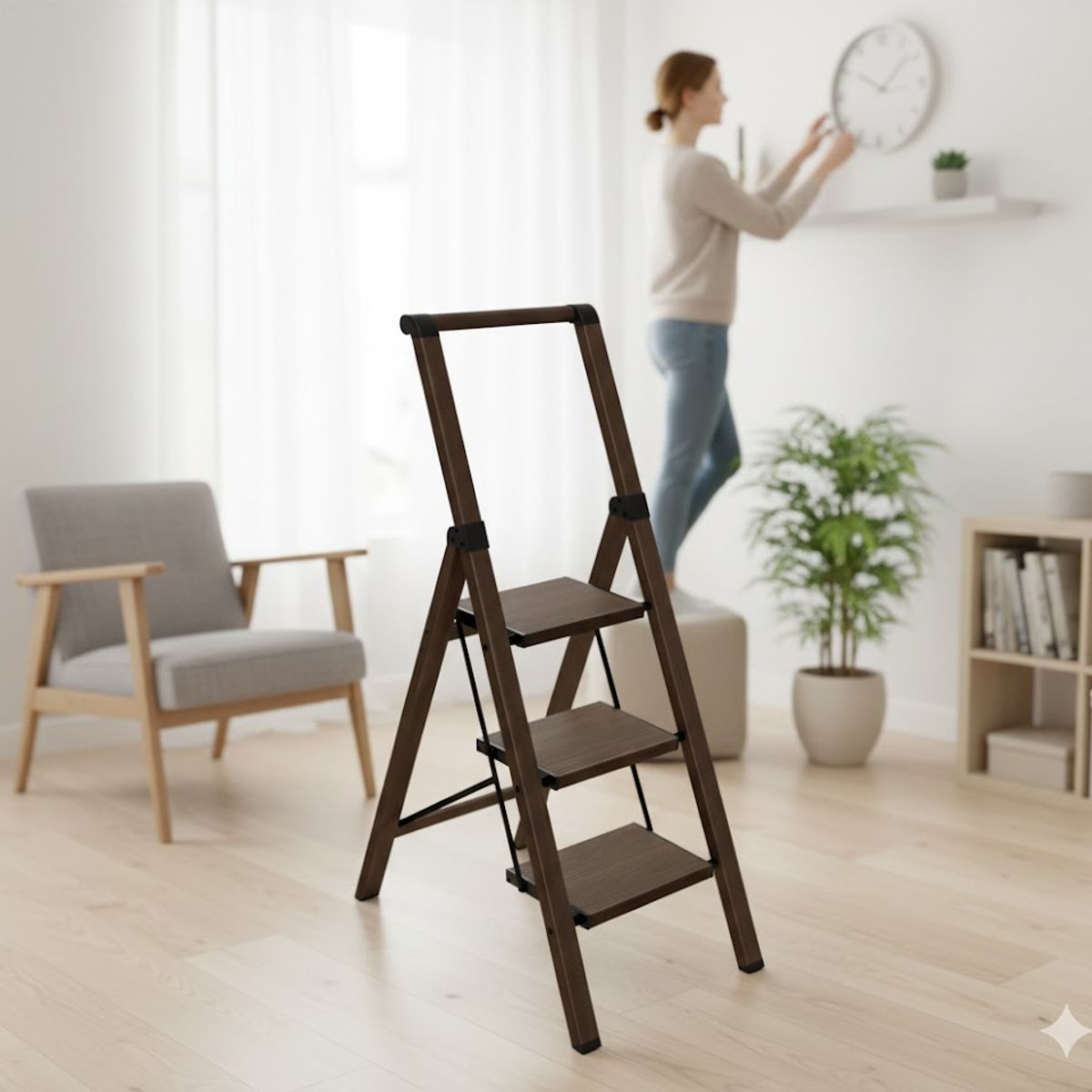 GENERICO - Escalera de Paso de Aluminio Plegable de 3 Escalones con Empuñadura, Pedal Antideslizante