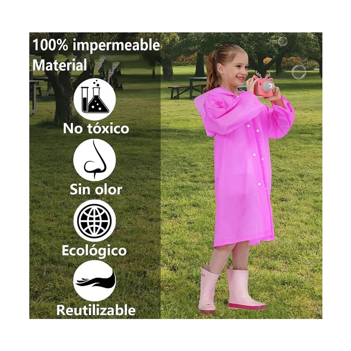 GENERICO - Poncho impermeable para lluvia niña rosado