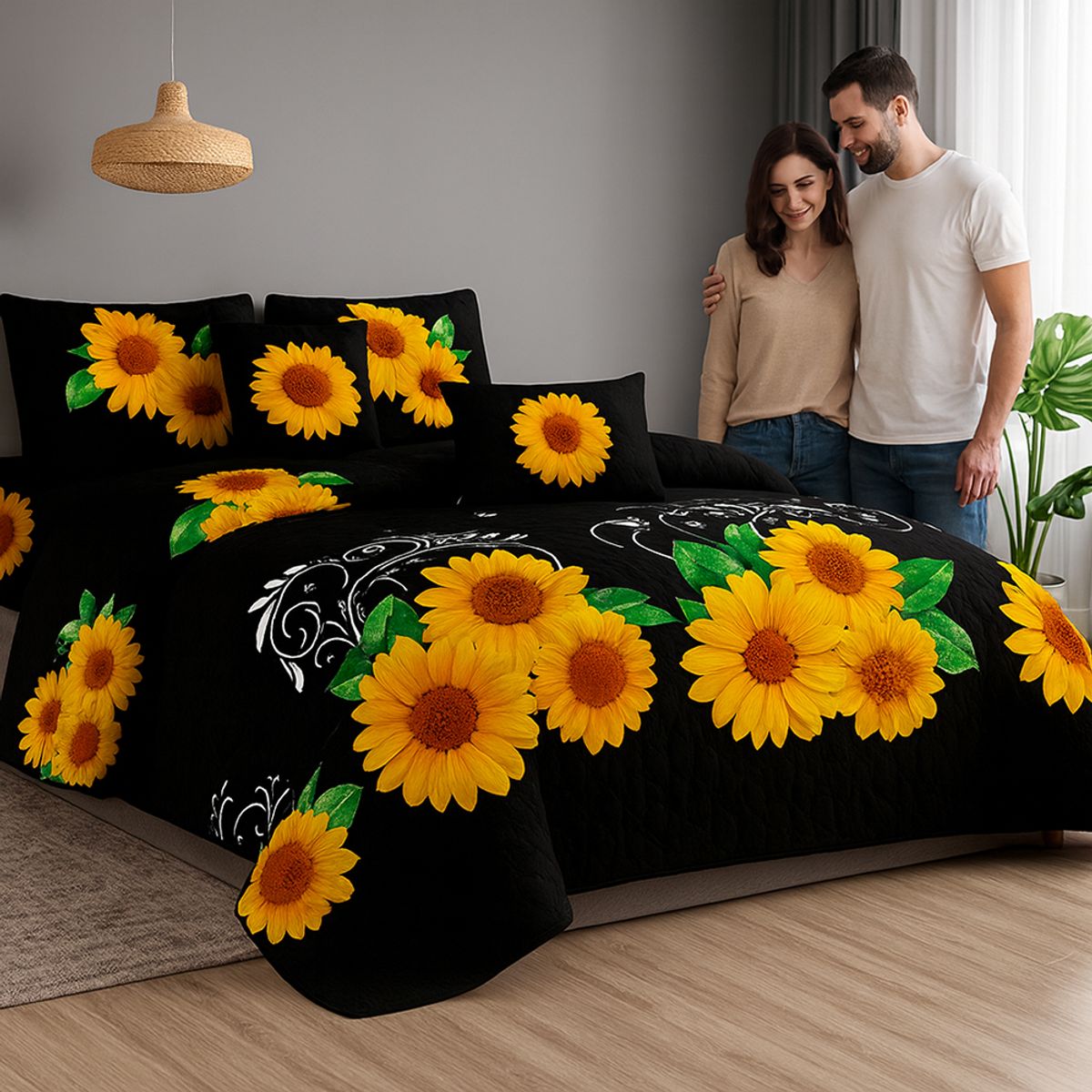 GENERICO - Cobertor de Verano Cubrecama plaza y media estampado negro con girasoles