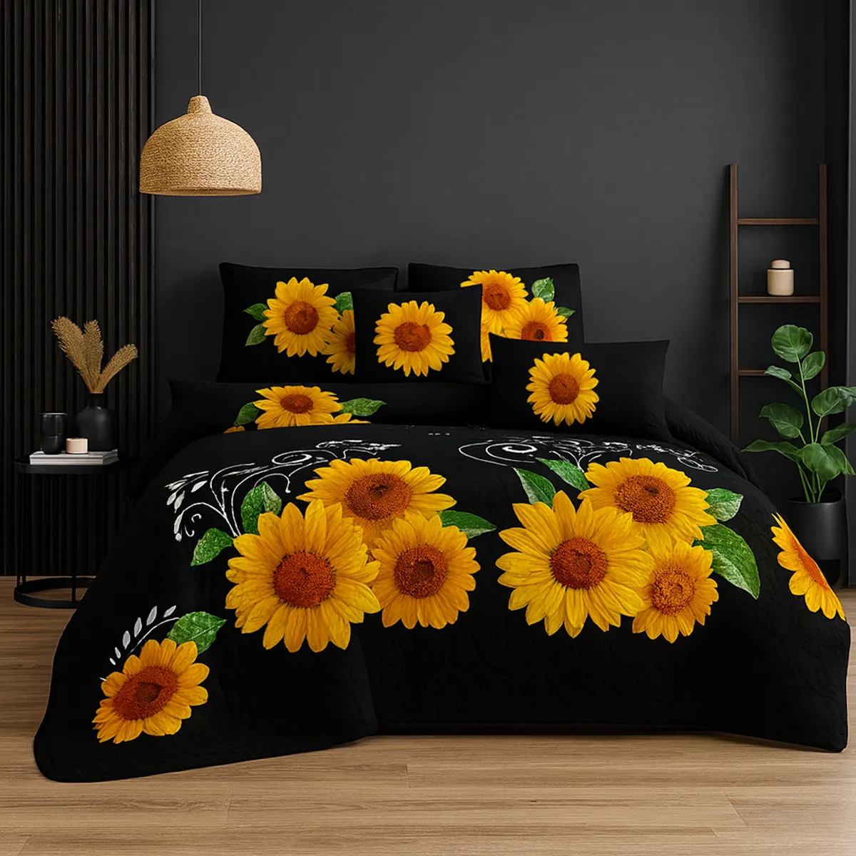 GENERICO - Cobertor de Verano Cubrecama plaza y media estampado negro con girasoles