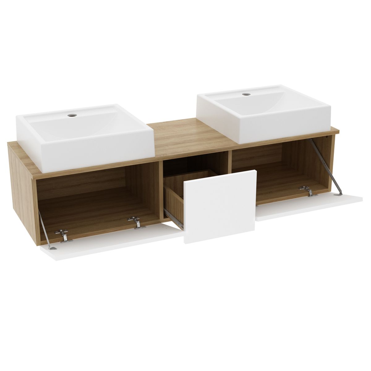 TECNOMOBILI - MUEBLE BAÑO AEREO 2 PUERTAS 1 CAJON  2 LAVAMANOS ALMENDRA / BLANCO