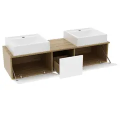 TECNOMOBILI - MUEBLE BAÑO AEREO 2 PUERTAS 1 CAJON 2 LAVAMANOS ALMENDRA / BLANCO