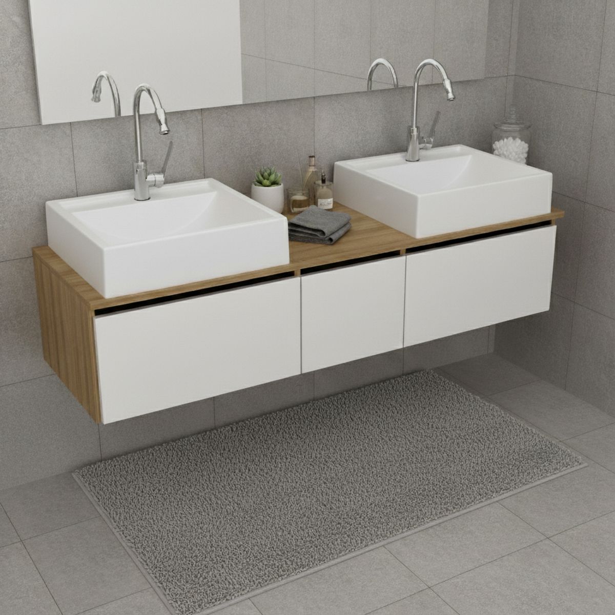 TECNOMOBILI - MUEBLE BAÑO AEREO 2 PUERTAS 1 CAJON  2 LAVAMANOS ALMENDRA / BLANCO