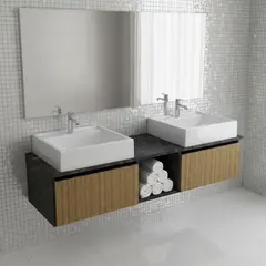 TECNOMOBILI - MUEBLE BAÑO AEREO 2 PUERTAS 2 LAVAMANOS ALMENDRA /MARMOL LUNAR