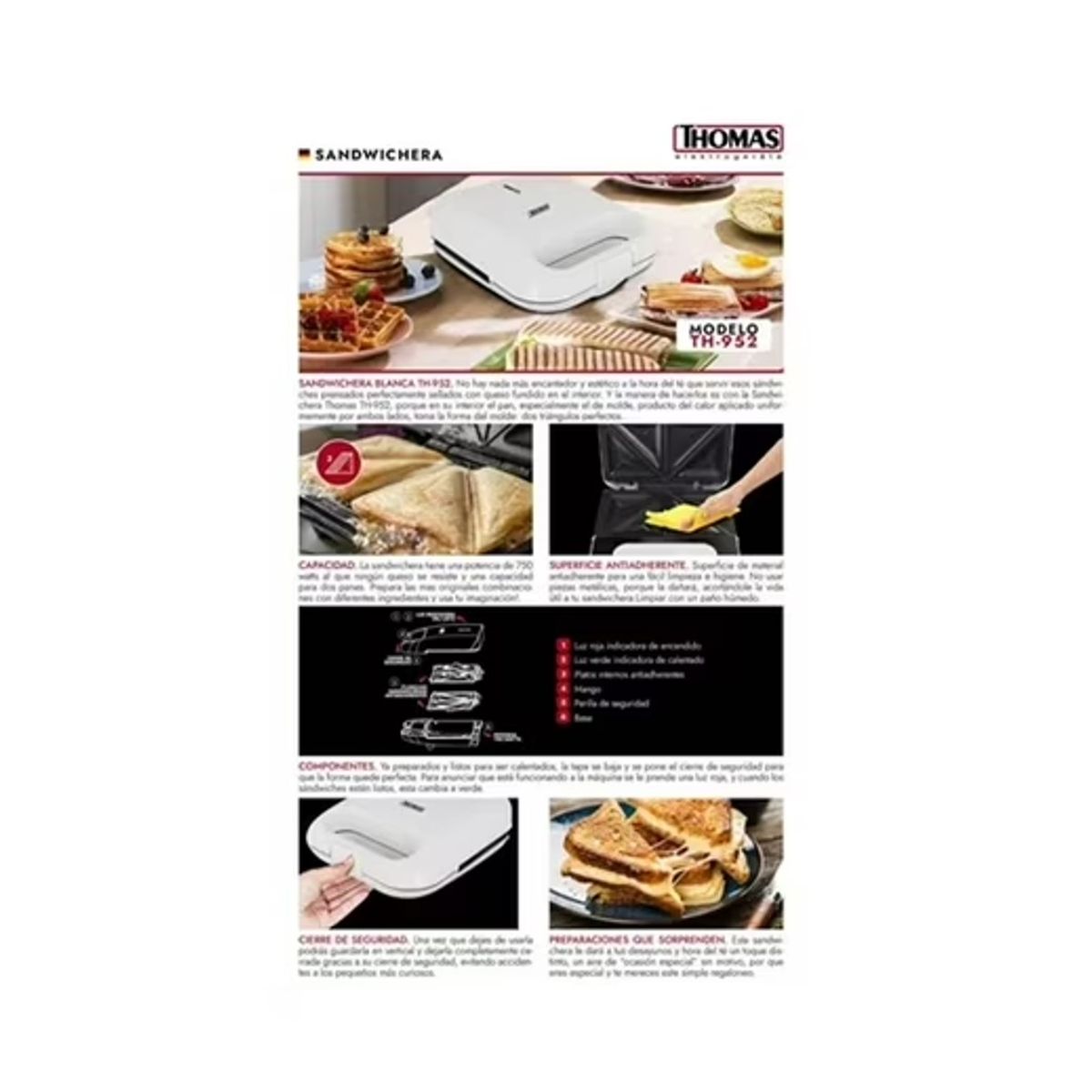 THOMAS - Tostadora Sandwichera 2 Panes Thomas 750w