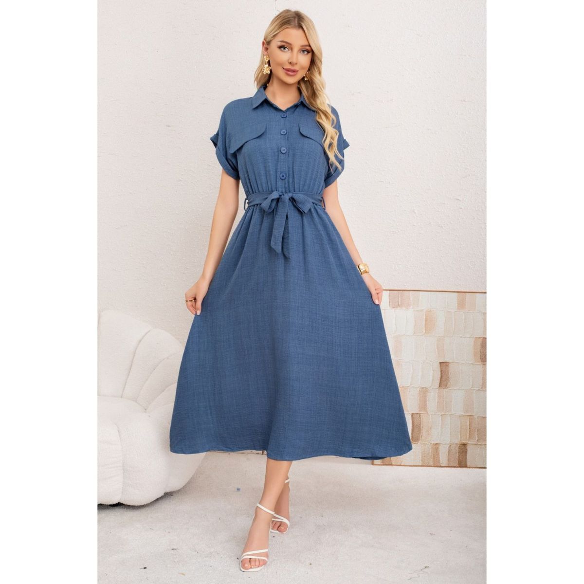 LIKE SHOP - Maxi Vestido Largo Mujer Tela Tipo Jeans Con Mangas Premium 3373