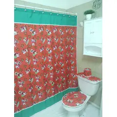 GENTILE - CORTINA Y SET BAÑO NAVIDAD 4 PIEZAS VERDE PASCUERO ROJO