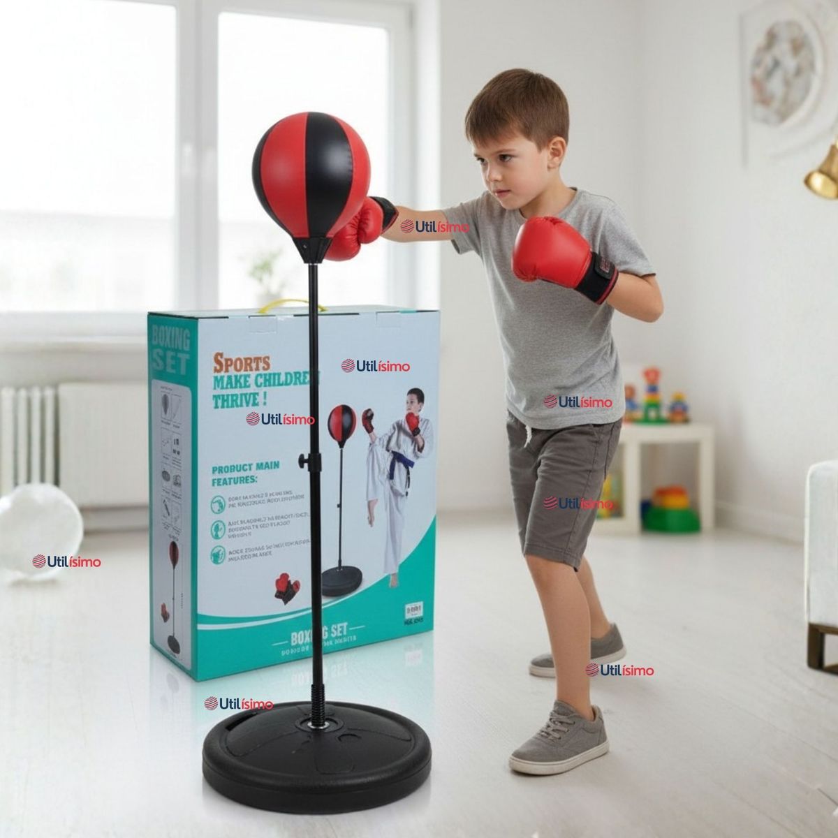 LINE - Set de Boxeo Punching Ball Altura Ajustable con Guantes y Bomba para Niños