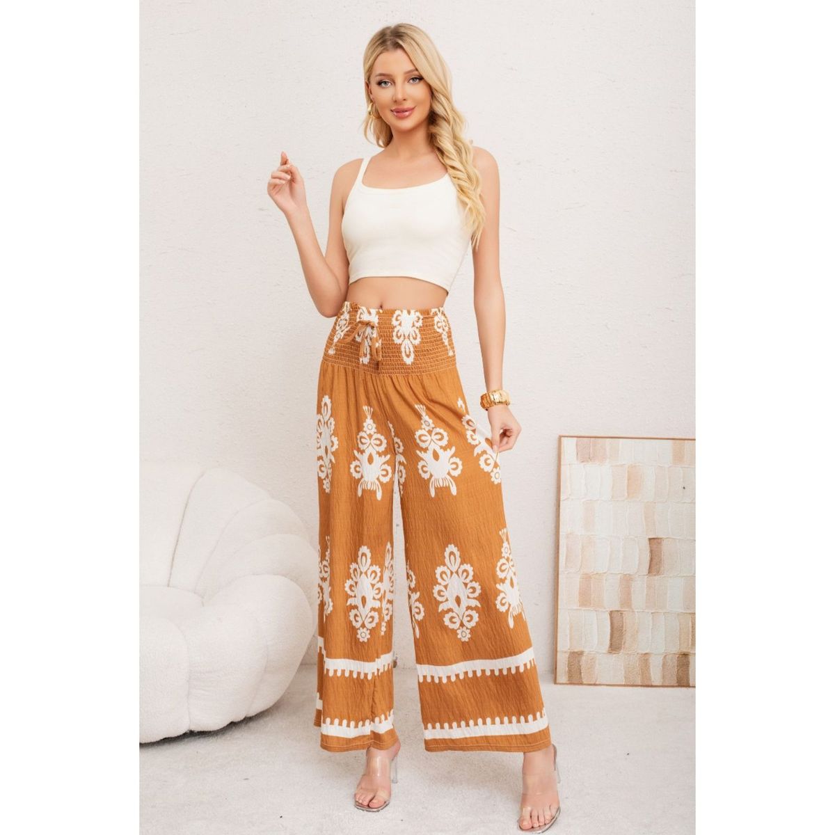 LIKE SHOP - Pantalon Mujer Palazzo Tipo Lino Pretina Alta Elasticado Diseño 3011