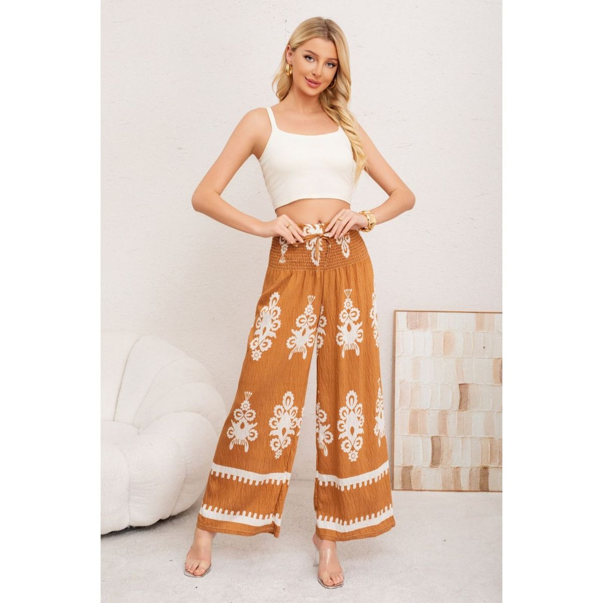 LIKE SHOP - Pantalon Mujer Palazzo Tipo Lino Pretina Alta Elasticado Diseño 3011