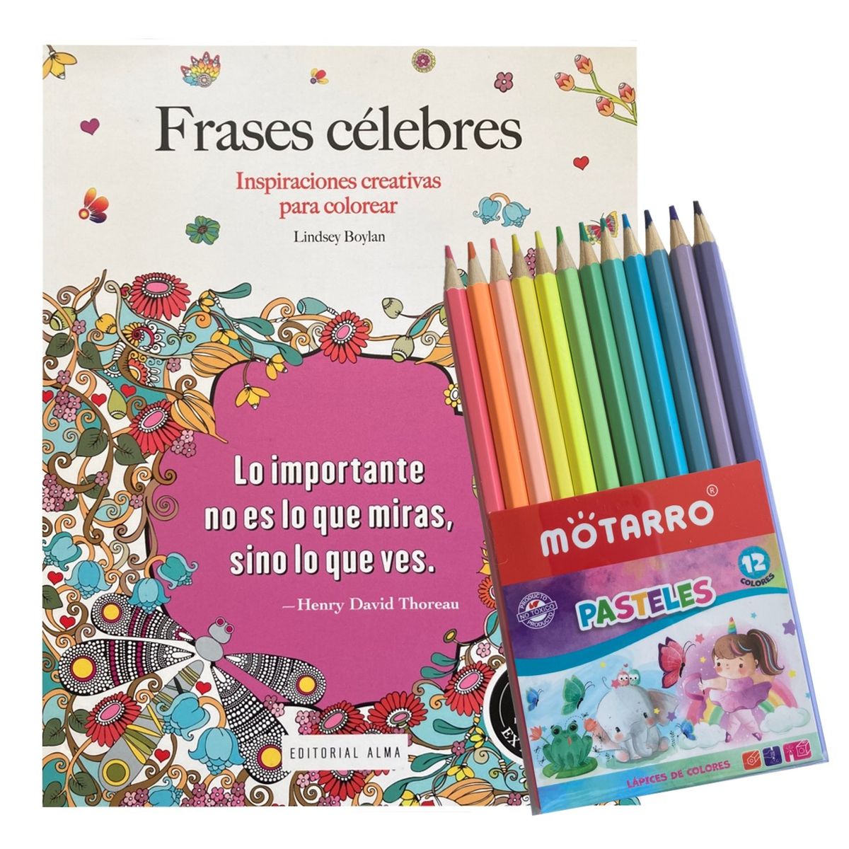 ALMA - Libro para colorear - Frases célebres - Editorial Alma + 12 lápices pastel