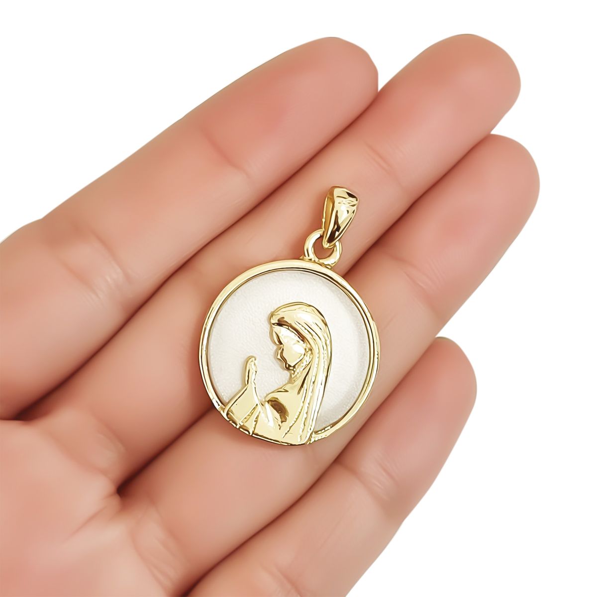 COGGIOLA - Colgante Medalla Virgen Niña 20mm Enchapada Oro 18K Nácar