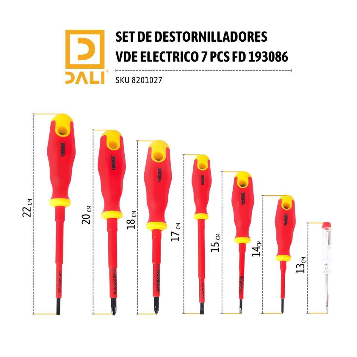 DALI - Set Destornilladores Eléctricos VDE 7 Piezas 193086 – Aislados para Electricidad
