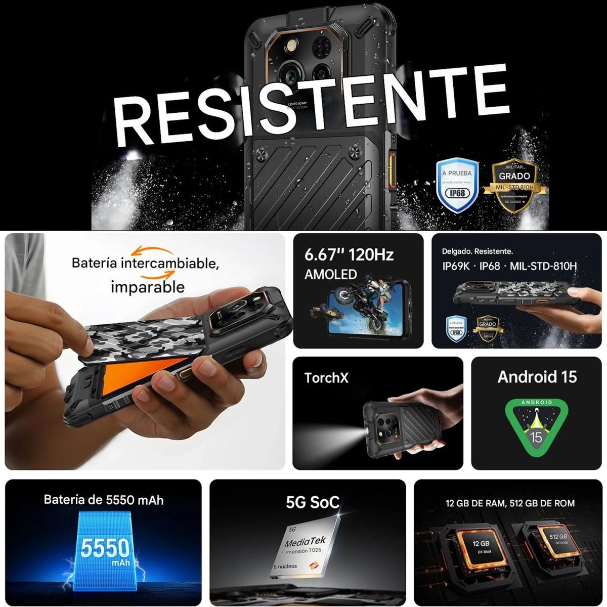 ULEFONE - Celular Rugged RugOne Xever 7 eSIM 2 Baterías Dock AMOLED