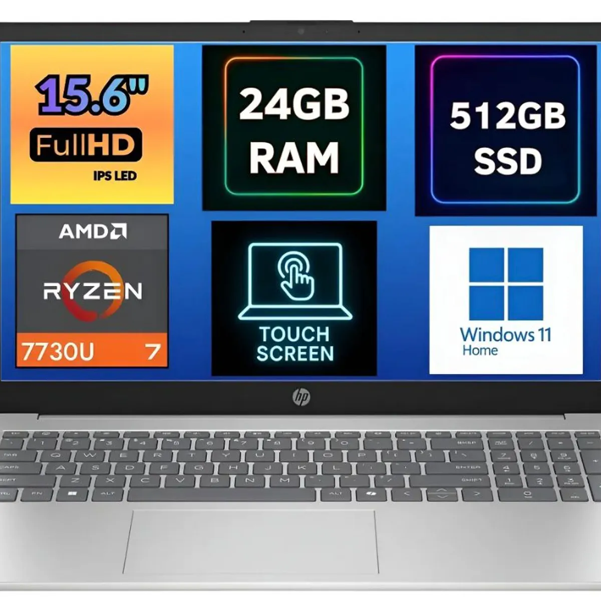 HP - NOTEBOOK HP 15.6 PANTALLA TACTIL  FULL HD AMD RYZEN 7 7730U SSD 512GB 24GB WIN 11