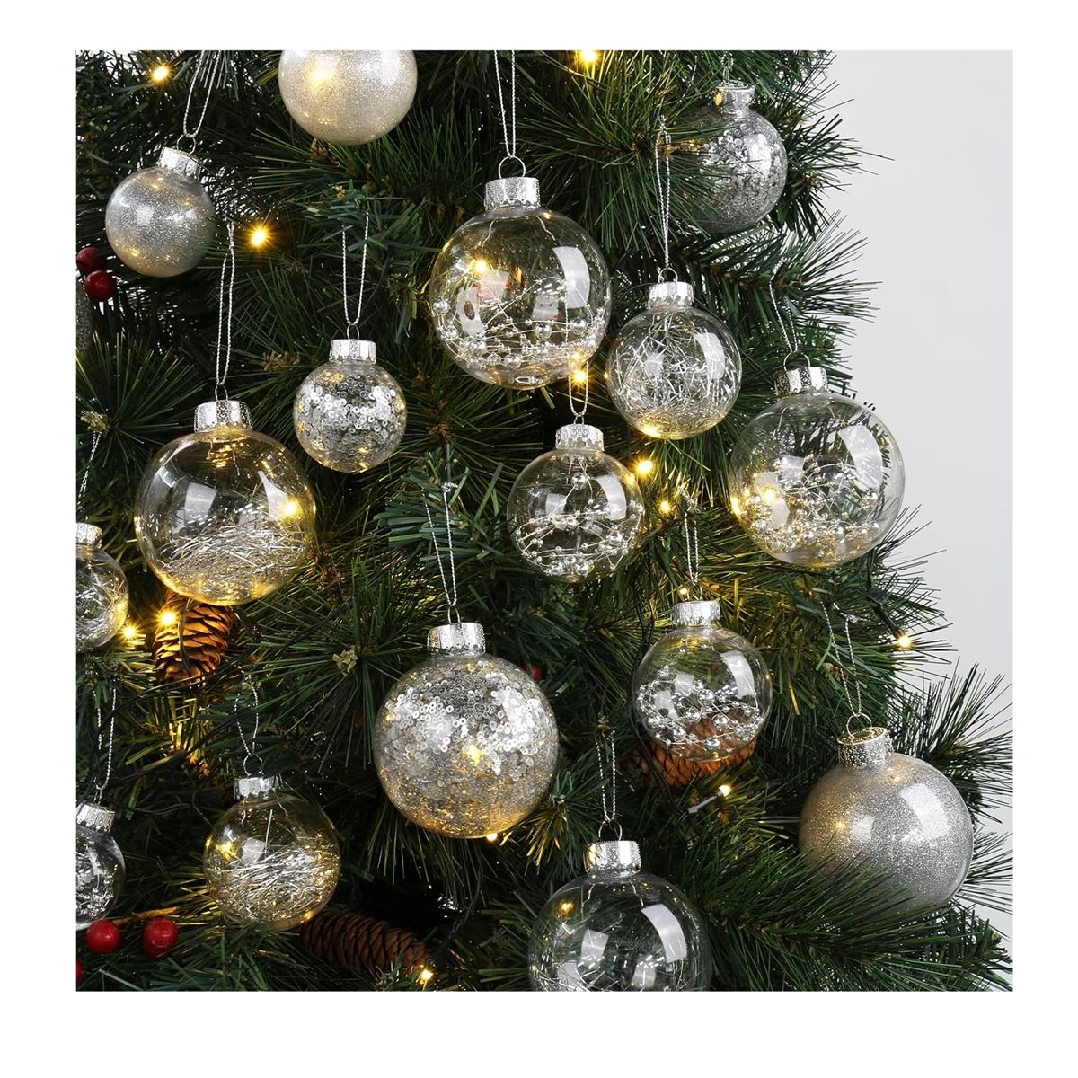 GENERICO - SET de 24 esferas transparentes plateadas 5cm para árbol navideño