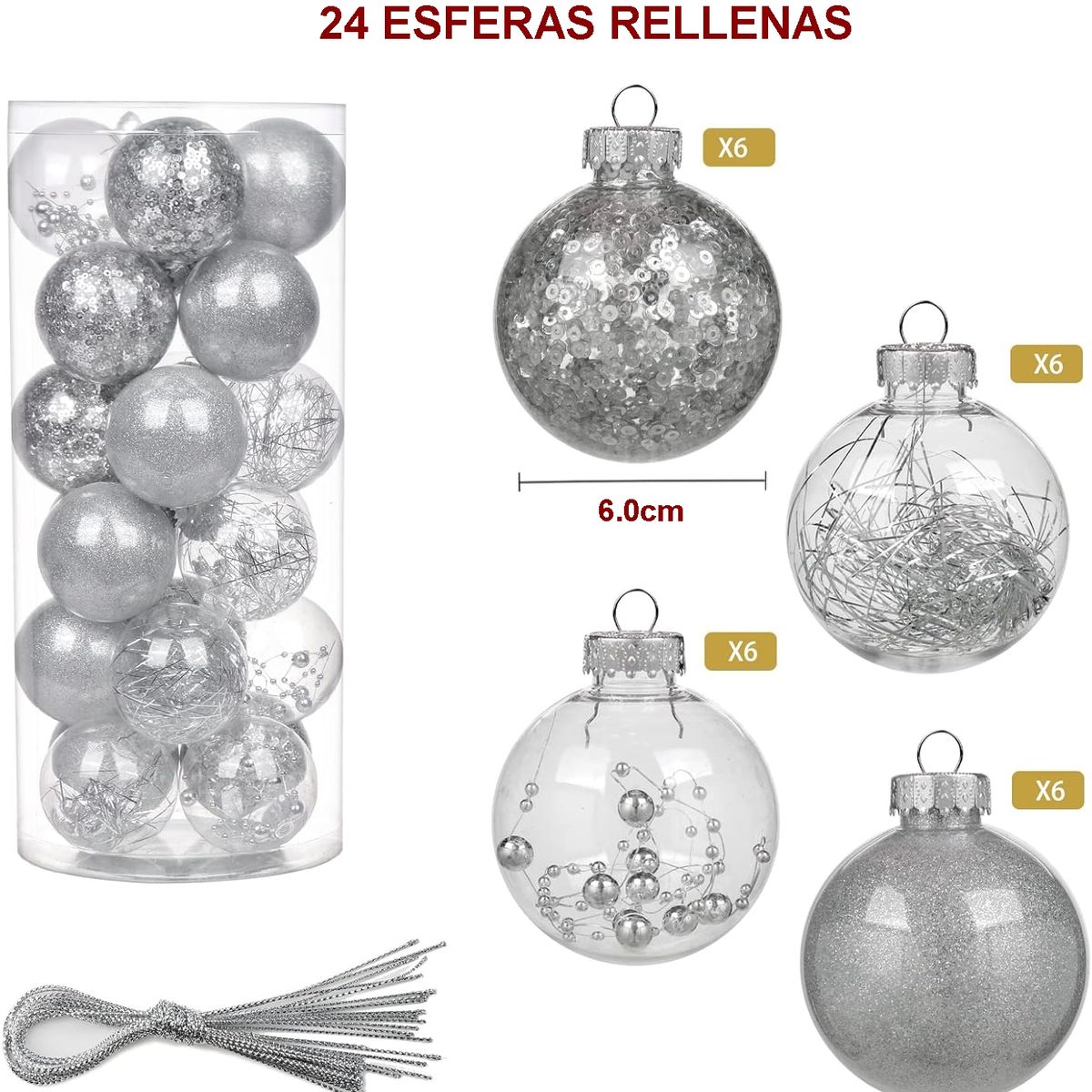 GENERICO - SET de 24 esferas transparentes plateadas 5cm para árbol navideño