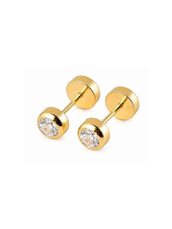 Aros Abridores Punto de Luz 4mm Oro 18K Circon Blanco A Presion Bebe Nina Segundo Hoyo