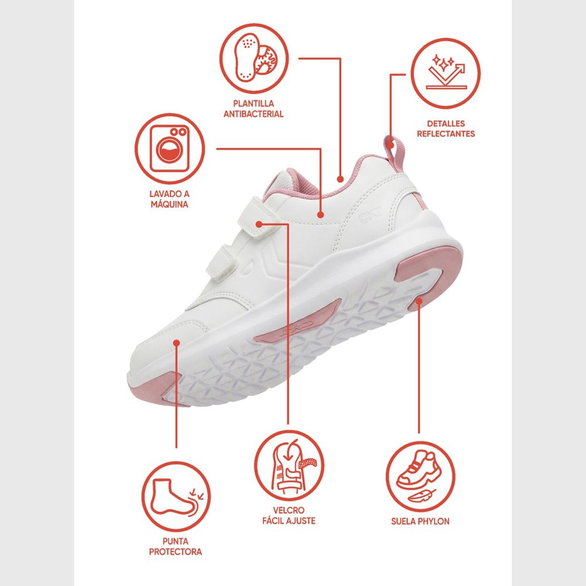 COLLOKY - Zapatilla Escolar Deportiva de niña Blanca con Velcros y Suela Phylon
