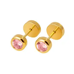 GENERICO - Aros Abridores Punto de Luz 4 mm Oro 18K con Circón Rosado y Tope a Presión