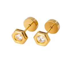 JIREH JOYAS - Aros Abridores Hexagonal 6mm Oro 18K Circón Blanco A Presión Bebé Niña Segundo Hoyo