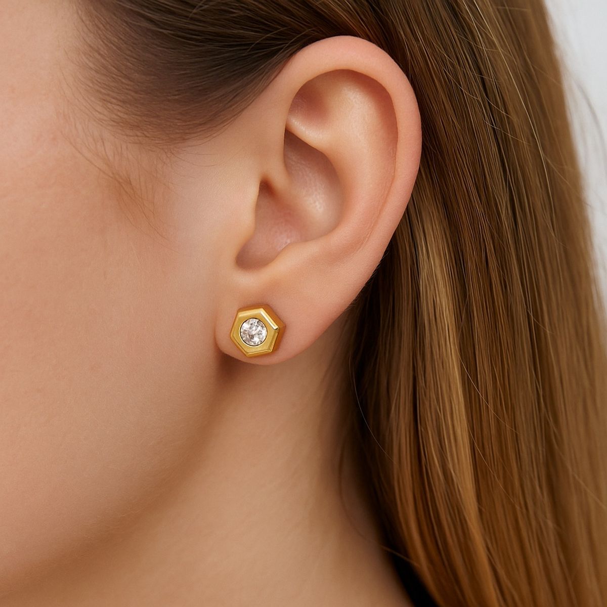 JIREH JOYAS - Aros Abridores Hexagonal 6mm Oro 18K Circón Blanco A Presión Bebé Niña Segundo Hoyo